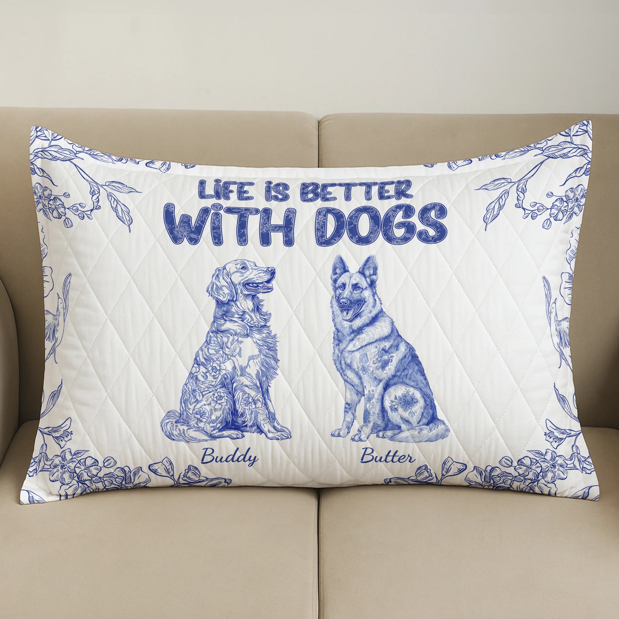 Life Is Better With Dogs Toile De Jouy Chinoiseries French Style - Custom Quilt Set