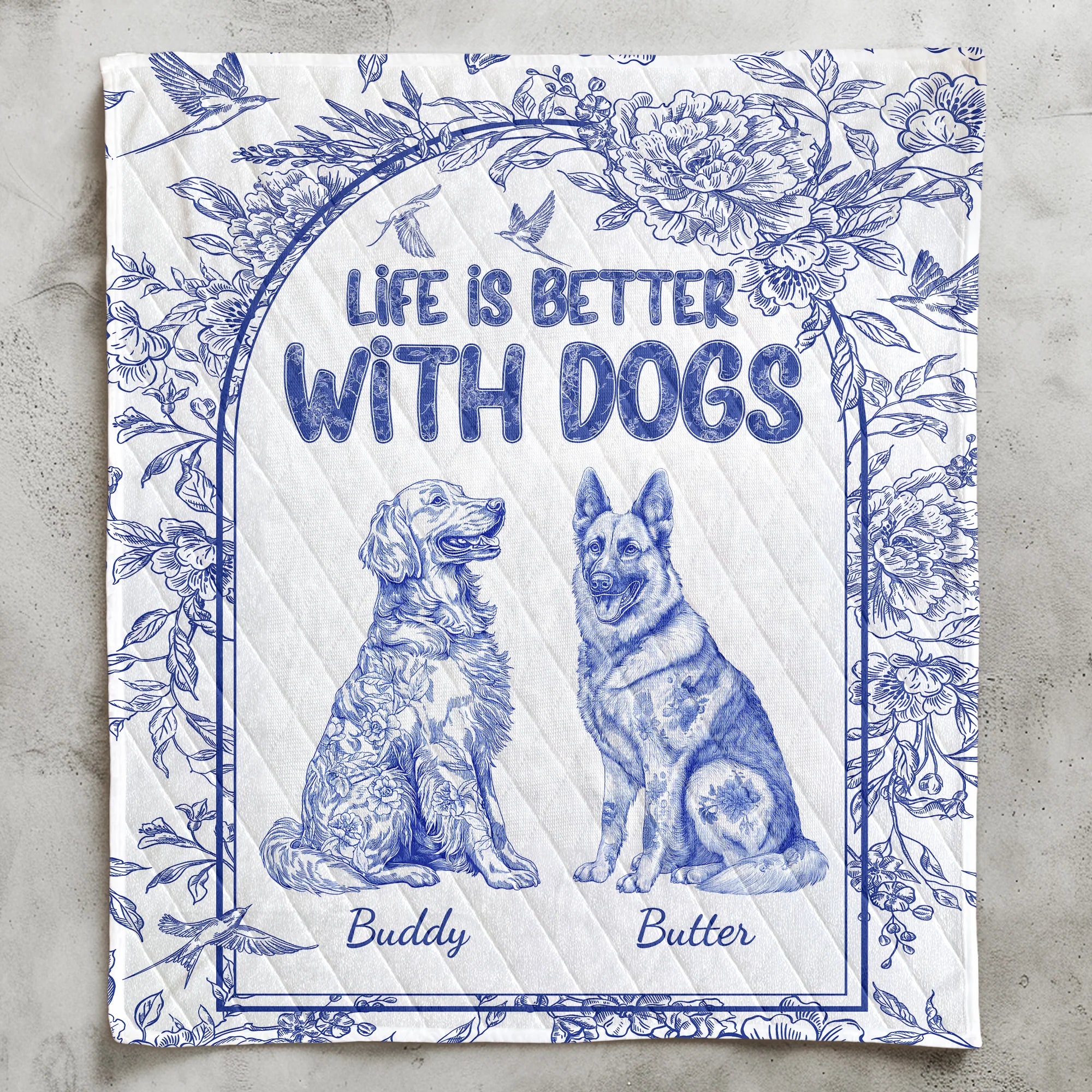 Life Is Better With Dogs Toile De Jouy Chinoiseries French Style - Custom Quilt Set